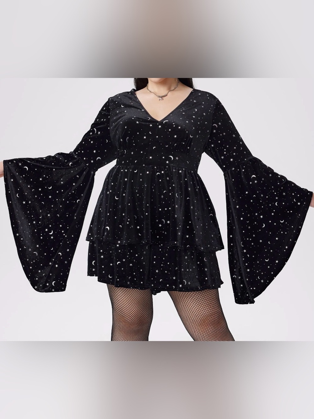 VELVET V-NECK STAR & MOON PATTERN BELL SLEEVE ROMPER XL (244)